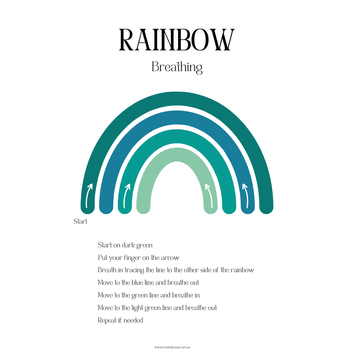 Mental Oasis Rainbow breathing chart mindfulness breathing tool with color-coded guide and instructions