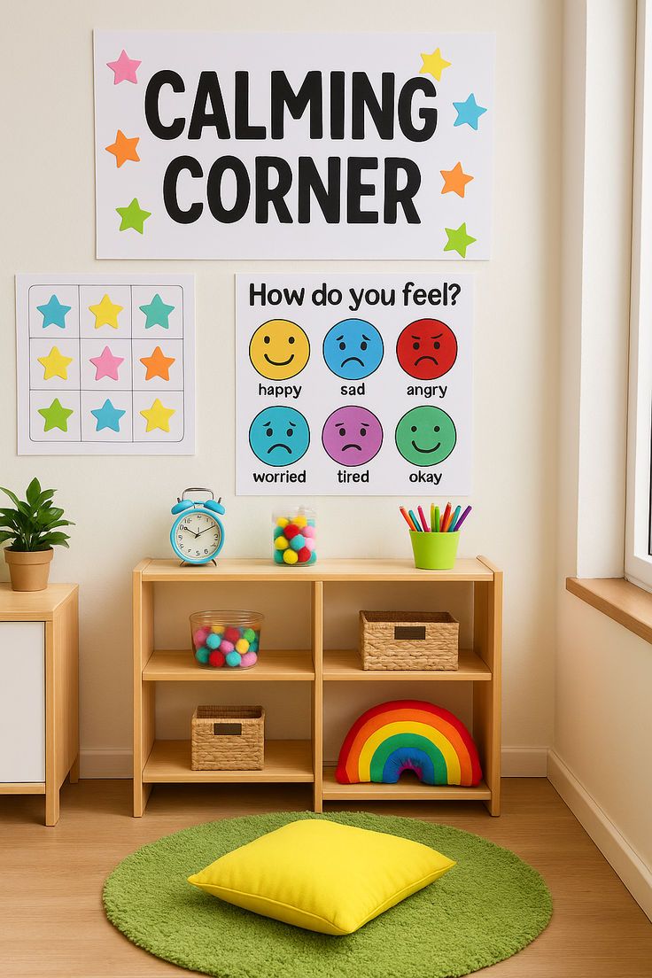 Feelings & Emotion Posters displayed in a calming corner with colorful emotion faces and star decorations for children