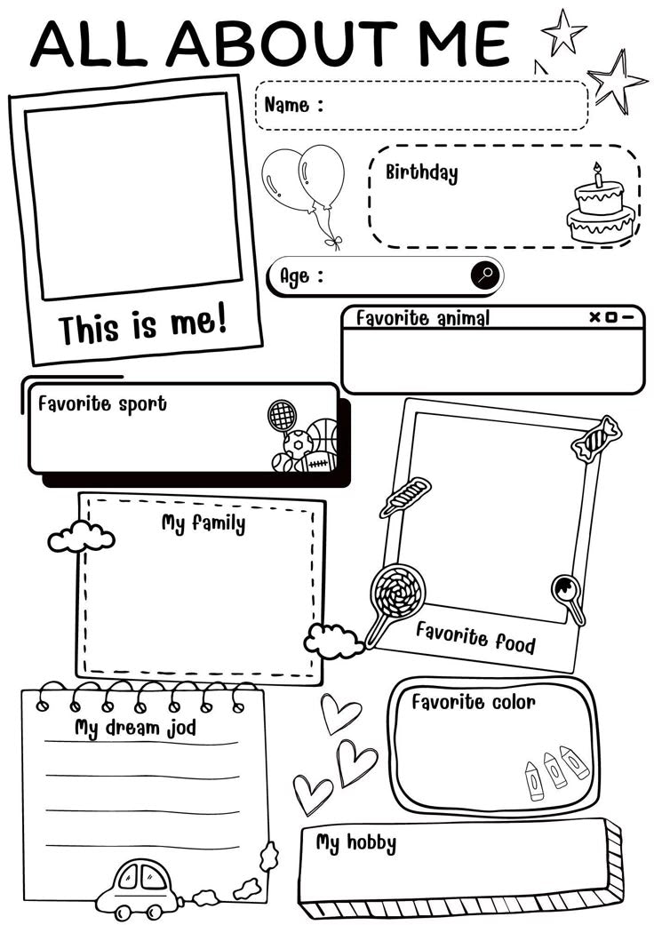 Activity Sheets with All About Me theme including sections for name, birthday, age